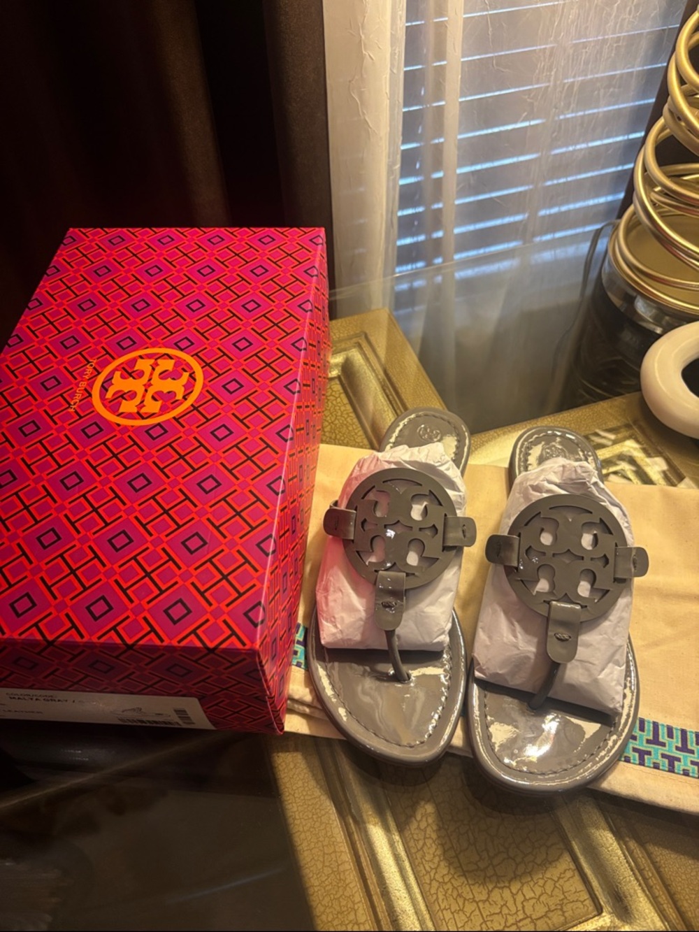 Tory Burch Glossy Gray Miller Logo Thong Sandals